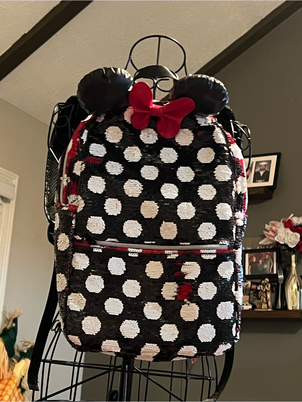 Disney- Minnie Mouse Polka Dot reversible Sequin Backpack with Ears and Bow